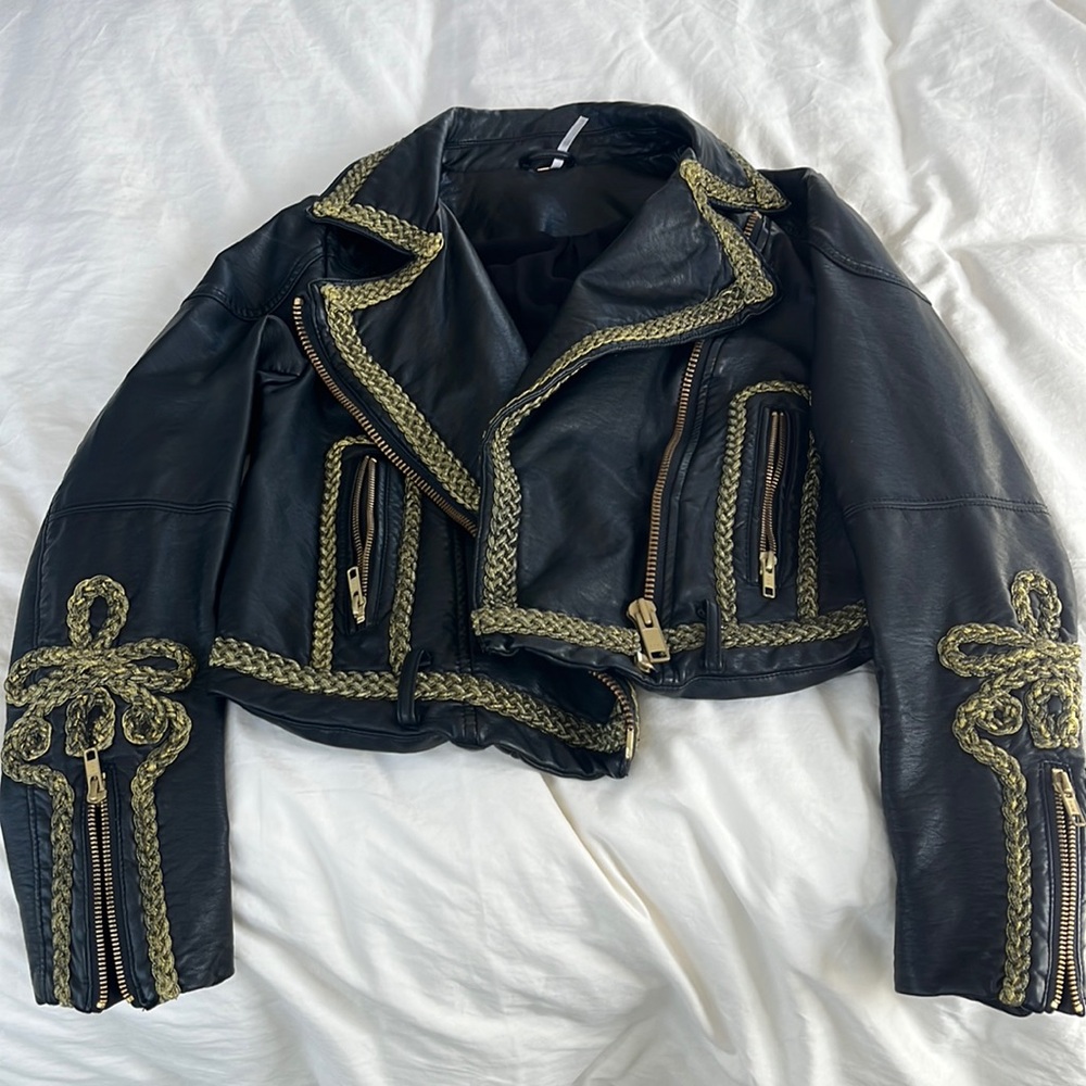 Free people black leather jacket with gold embroidery
